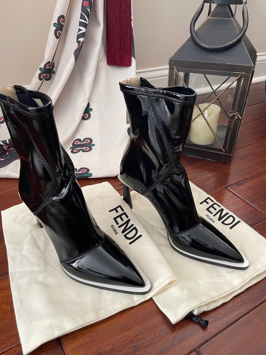 Fendi Shoes - Fendi Black Patent Pointed Toe Stiletto Ankle Boots with White Trim🩷